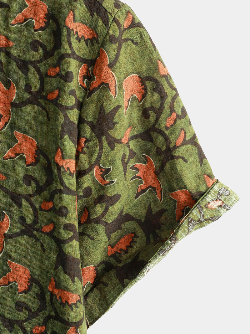 Men's Vintage Cotton Hawaiian Floral 70s Beach Short Sleeve Button Up Shirt