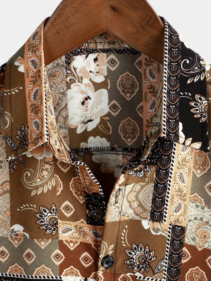 Men's Vintage Paisley Floral Patchwork Short Sleeve Retro Summer Button Up Shirt
