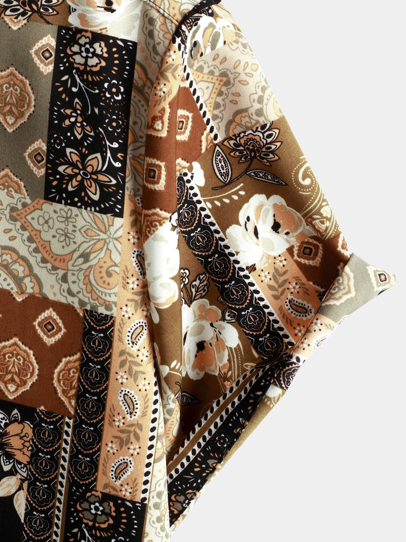 Men's Vintage Paisley Floral Patchwork Short Sleeve Retro Summer Button Up Shirt