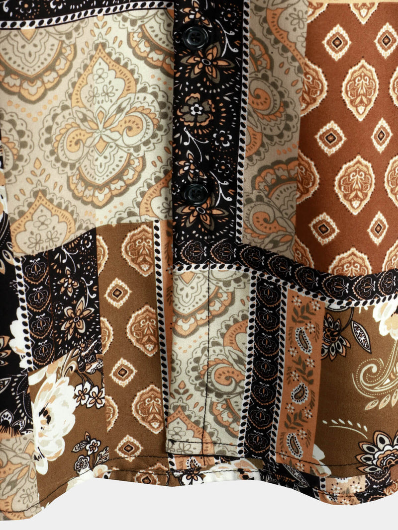 Men's Vintage Paisley Floral Patchwork Short Sleeve Retro Summer Button Up Shirt