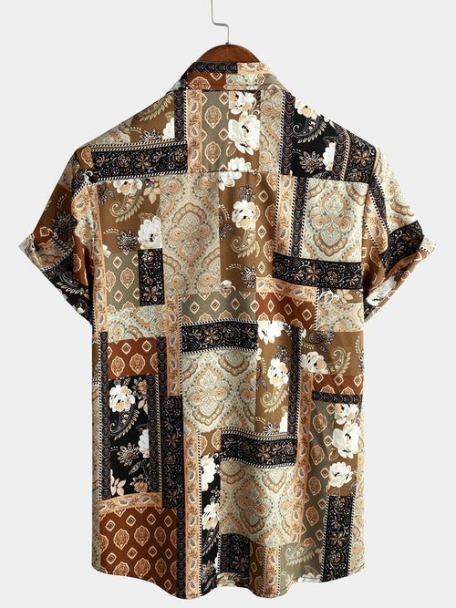 Men's Vintage Paisley Floral Patchwork Short Sleeve Retro Summer Button Up Shirt