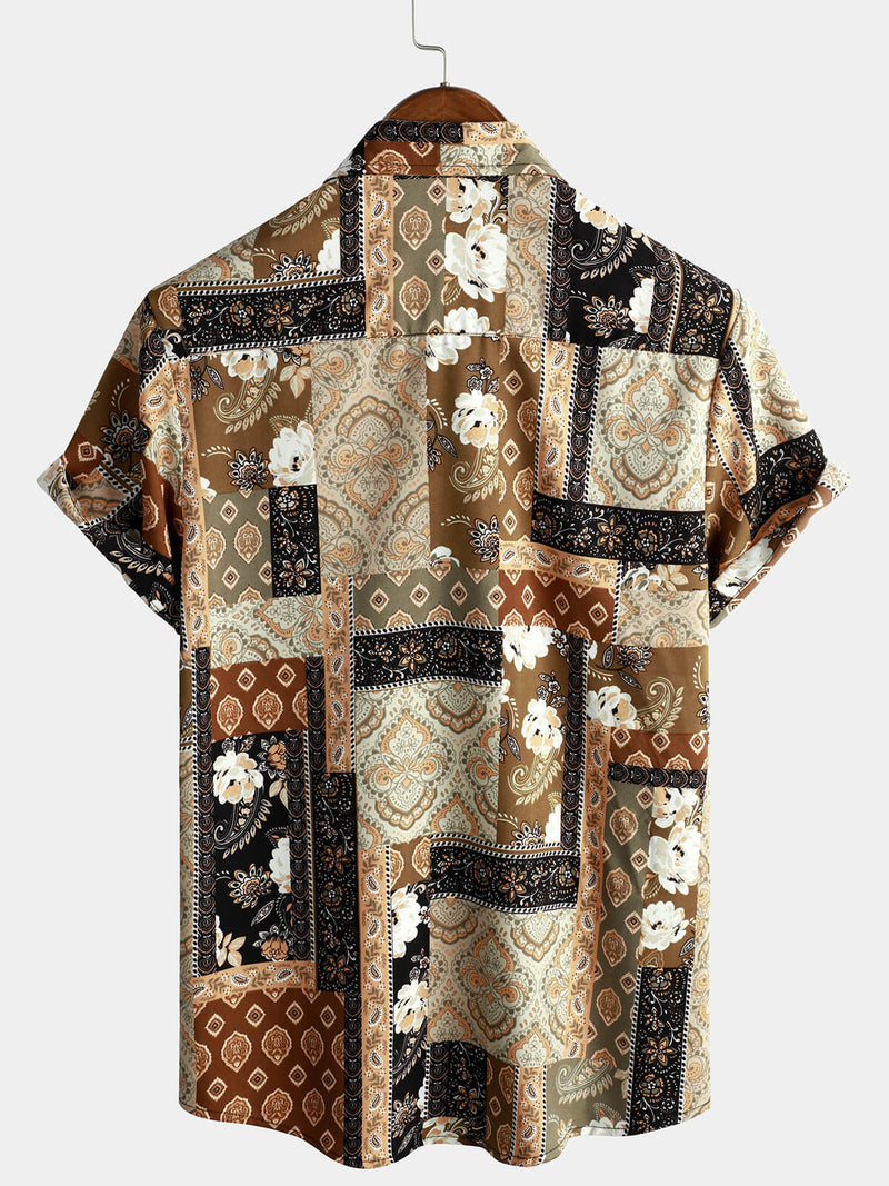 Men's Vintage Paisley Floral Patchwork Short Sleeve Retro Summer Button Up Shirt