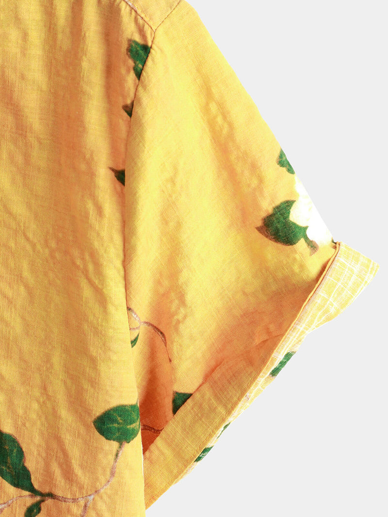 Men's Yellow Vintage Floral Cotton Hawaiian Breathable Short Sleeve Button Up Shirt