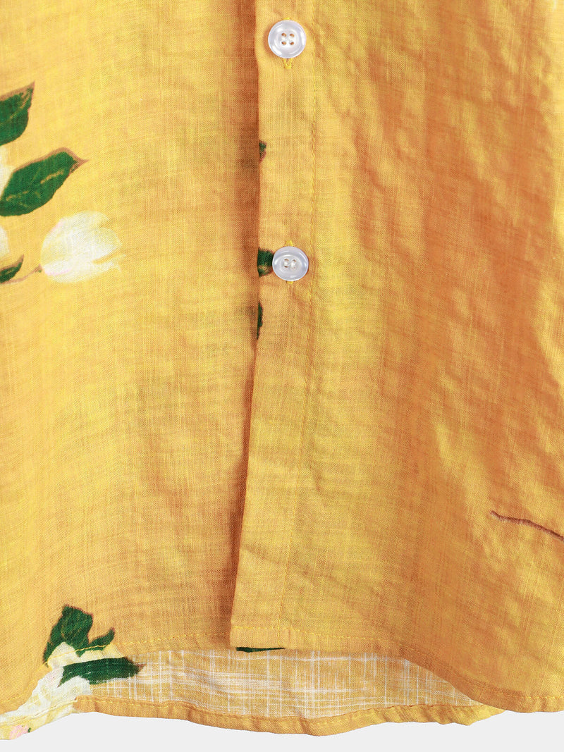 Men's Yellow Vintage Floral Cotton Hawaiian Breathable Short Sleeve Button Up Shirt
