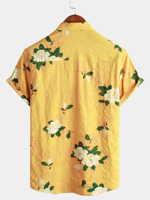 Men's Yellow Vintage Floral Cotton Hawaiian Breathable Short Sleeve Button Up Shirt