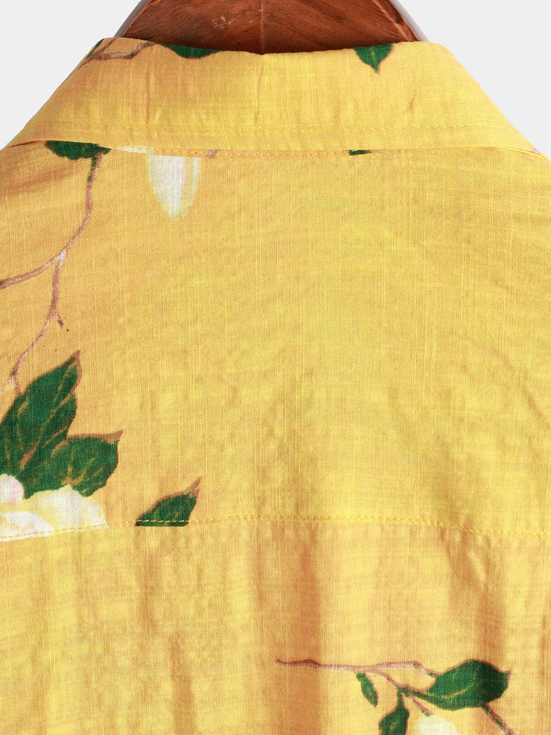 Men's Yellow Vintage Floral Cotton Hawaiian Breathable Short Sleeve Button Up Shirt