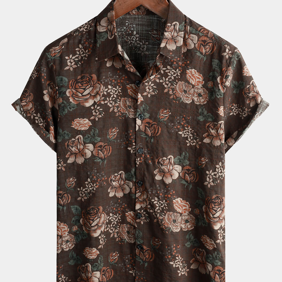 Men's Brown Cotton Vintage Floral Hawaiian Retro Beach Short Sleeve Button Up Shirt