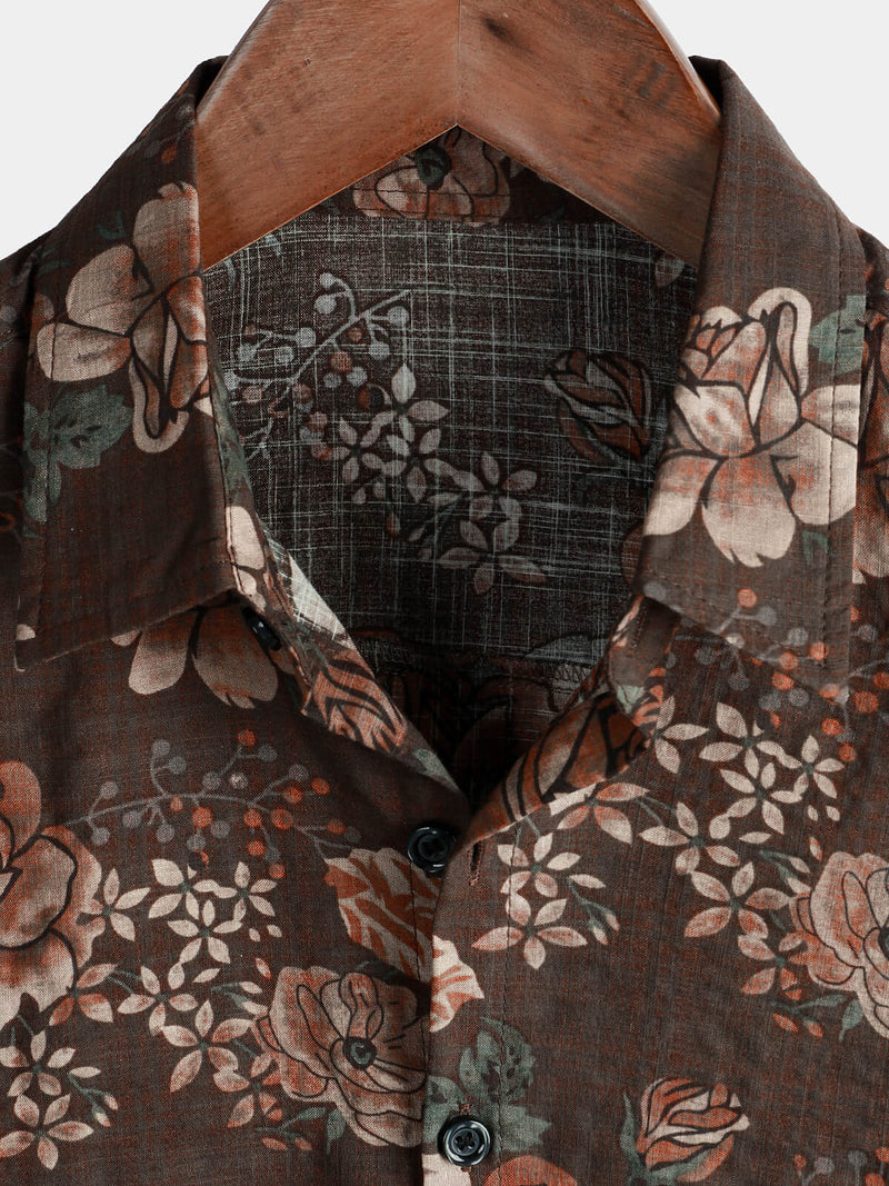 Men's Brown Cotton Vintage Floral Hawaiian Retro Beach Short Sleeve Button Up Shirt