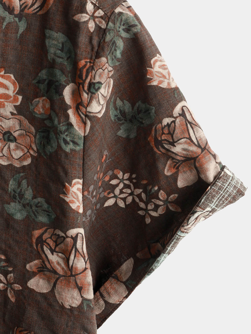 Men's Brown Cotton Vintage Floral Hawaiian Retro Beach Short Sleeve Button Up Shirt
