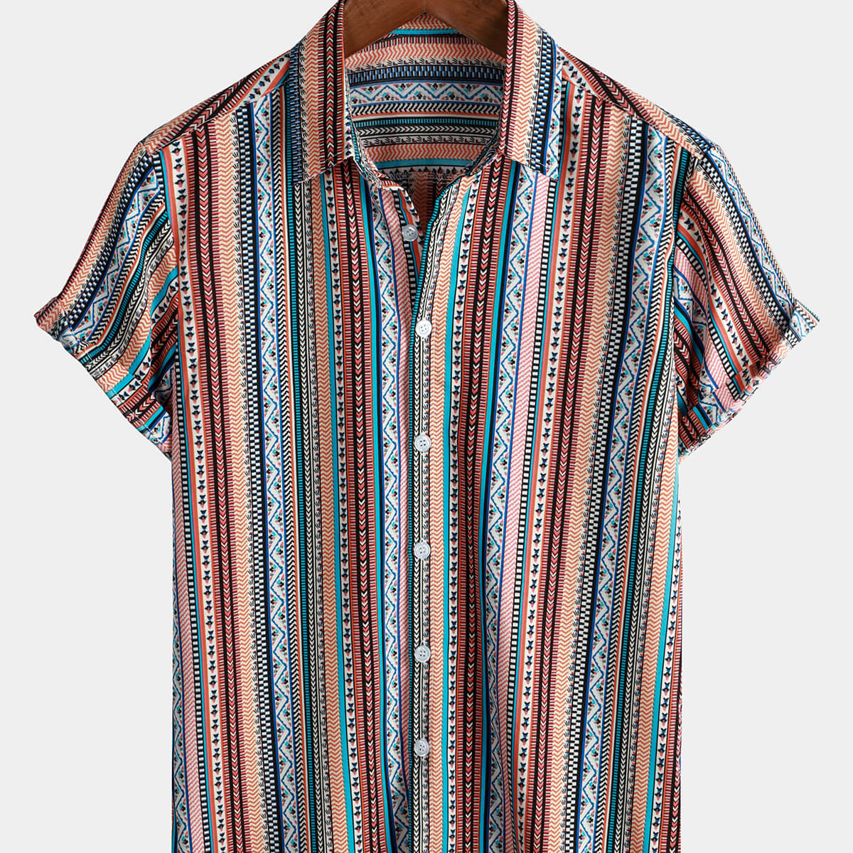 Men's Summer Vintage Striped Short Sleeve Button Up Beach Shirt
