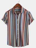 Men's Summer Vintage Striped Short Sleeve Button Up Beach Shirt