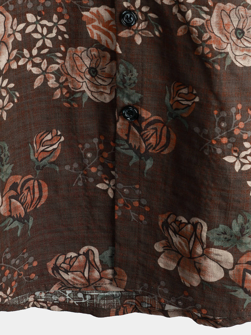 Men's Brown Cotton Vintage Floral Hawaiian Retro Beach Short Sleeve Button Up Shirt
