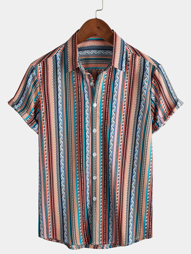 Men's Summer Vintage Striped Short Sleeve Button Up Beach Shirt