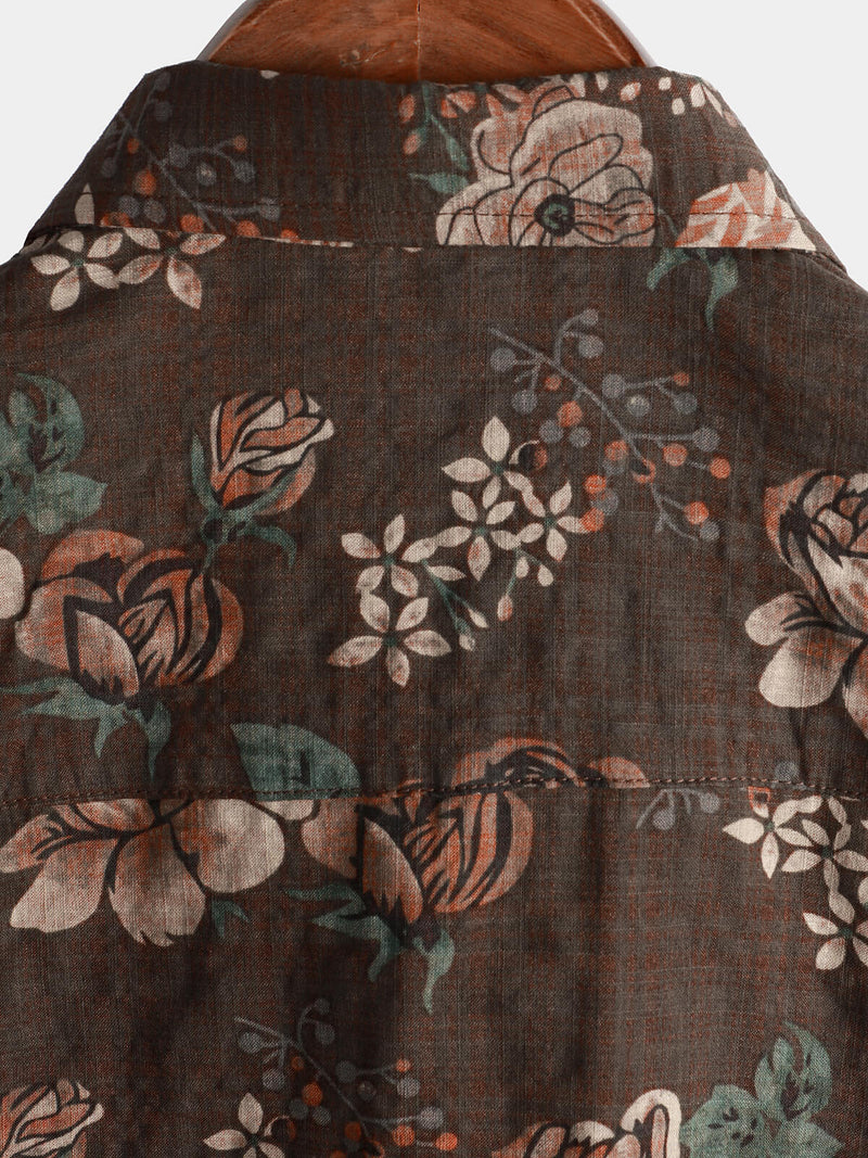 Men's Brown Cotton Vintage Floral Hawaiian Retro Beach Short Sleeve Button Up Shirt