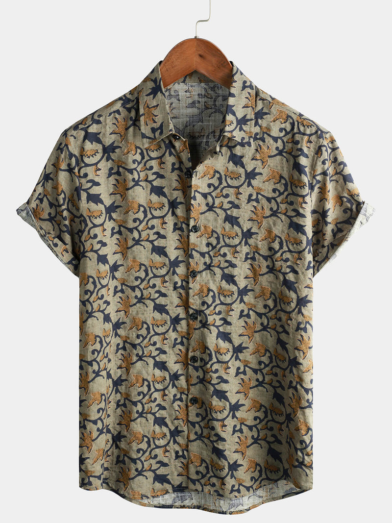 Men's Cotton 70s Vintage Hawaiian Floral Beach Short Sleeve Button Up Shirt