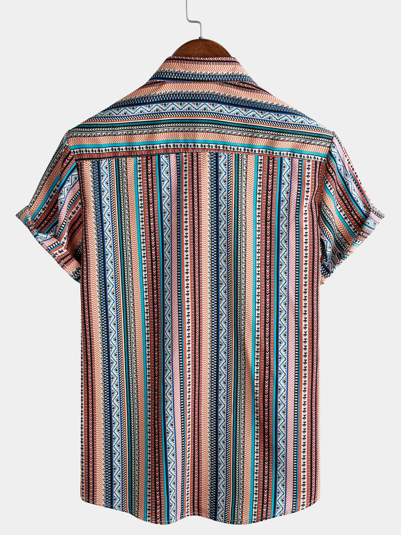 Men's Summer Vintage Striped Short Sleeve Button Up Beach Shirt