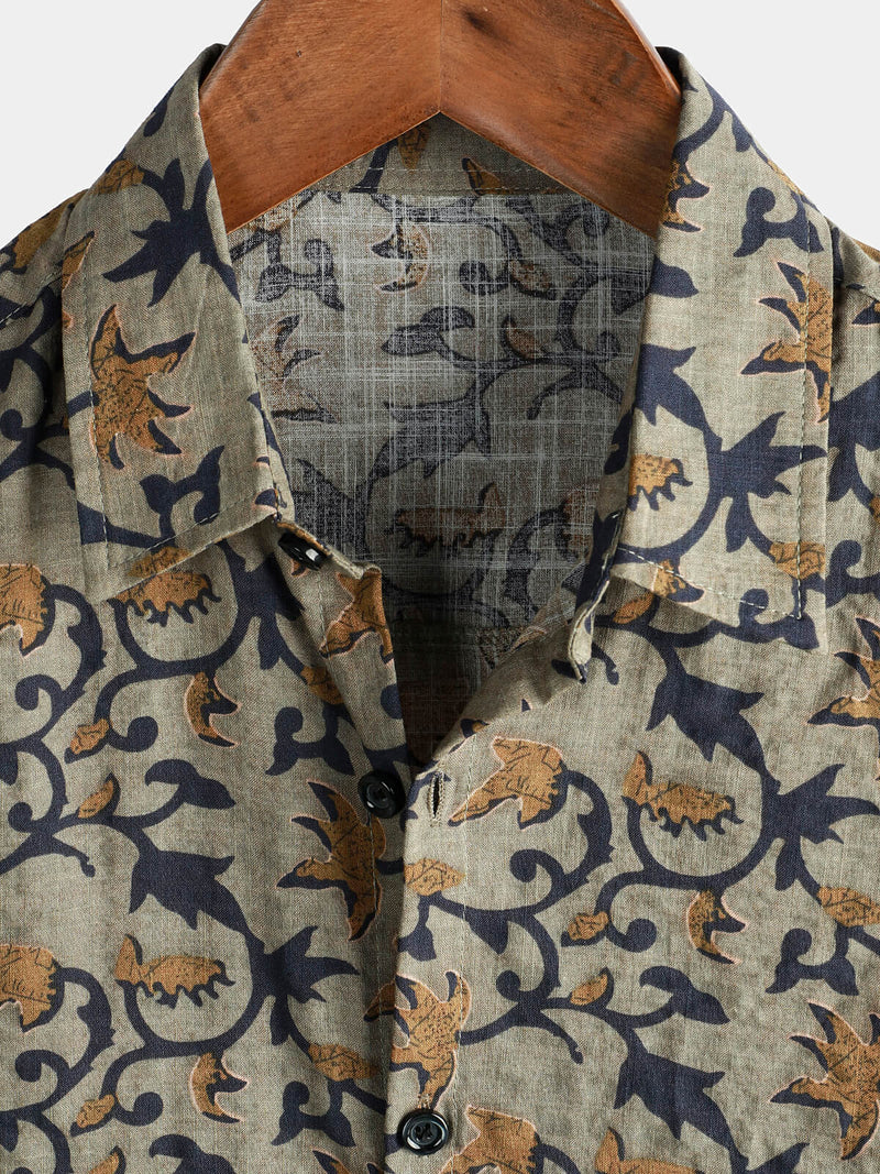 Men's Cotton 70s Vintage Hawaiian Floral Beach Short Sleeve Button Up Shirt