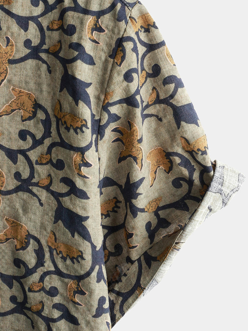 Men's Cotton 70s Vintage Hawaiian Floral Beach Short Sleeve Button Up Shirt