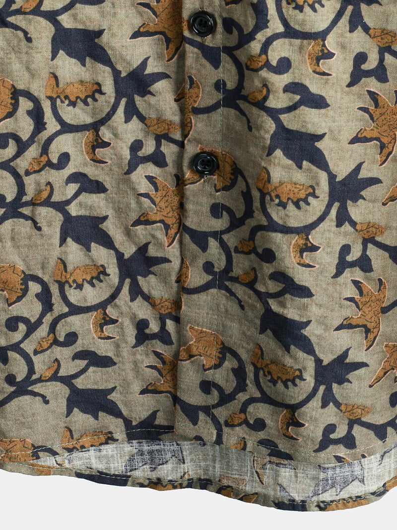 Men's Cotton 70s Vintage Hawaiian Floral Beach Short Sleeve Button Up Shirt