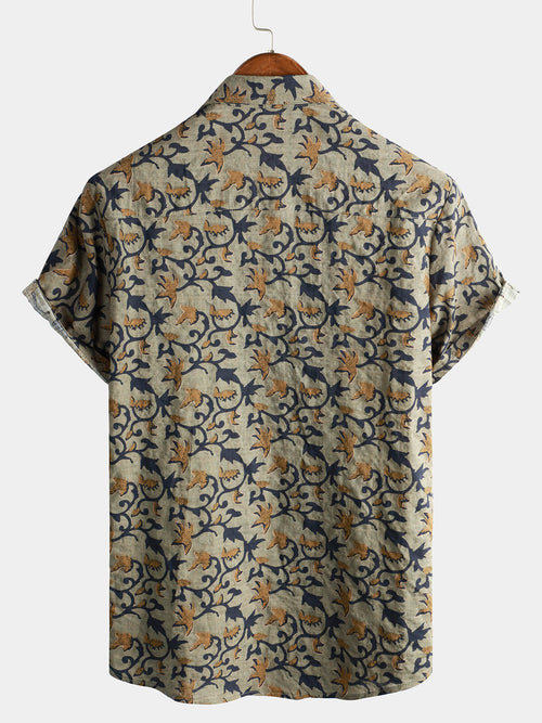 Men's Cotton 70s Vintage Hawaiian Floral Beach Short Sleeve Button Up Shirt