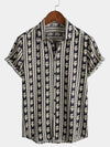 Men's Floral Navy Blue Striped Short Sleeve Vintage Retro Summer Button Up Shirt
