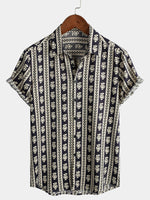 Men's Floral Navy Blue Striped Short Sleeve Vintage Retro Summer Button Up Shirt