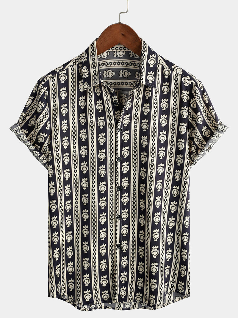Men's Floral Navy Blue Striped Short Sleeve Vintage Retro Summer Button Up Shirt