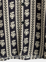 Men's Floral Navy Blue Striped Short Sleeve Vintage Retro Summer Button Up Shirt
