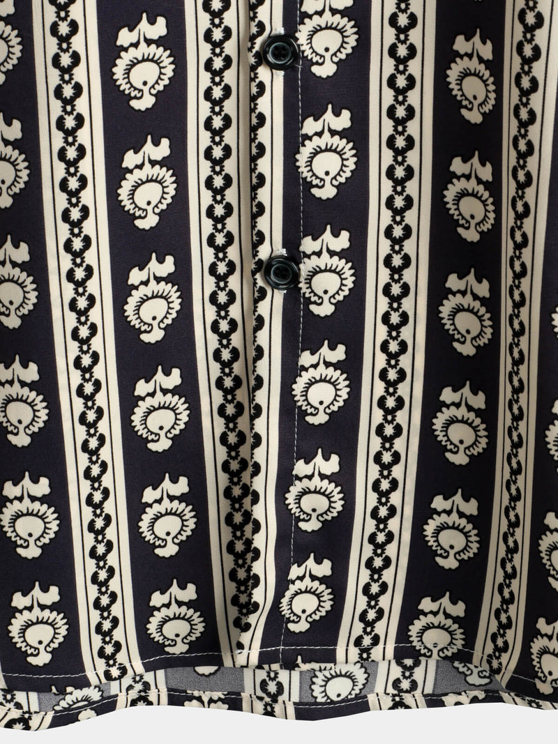 Men's Floral Navy Blue Striped Short Sleeve Vintage Retro Summer Button Up Shirt