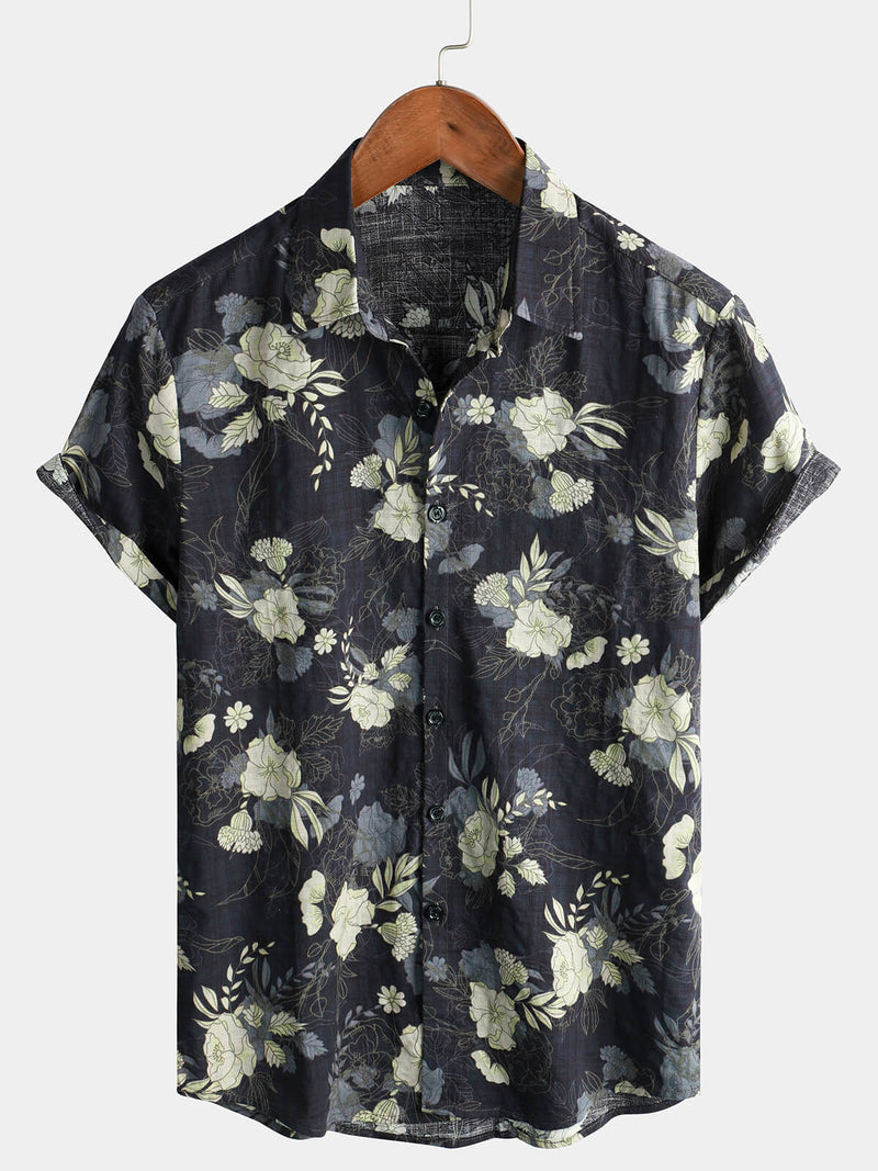 Men's Cotton Vintage Hawaiian Floral Cool Beach Short Sleeve Button Up Shirt