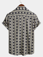 Men's Floral Navy Blue Striped Short Sleeve Vintage Retro Summer Button Up Shirt