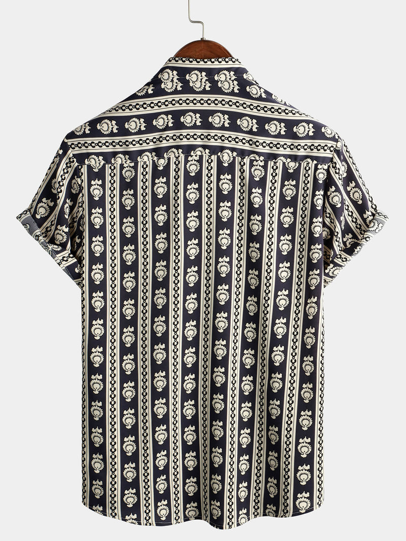 Men's Floral Navy Blue Striped Short Sleeve Vintage Retro Summer Button Up Shirt