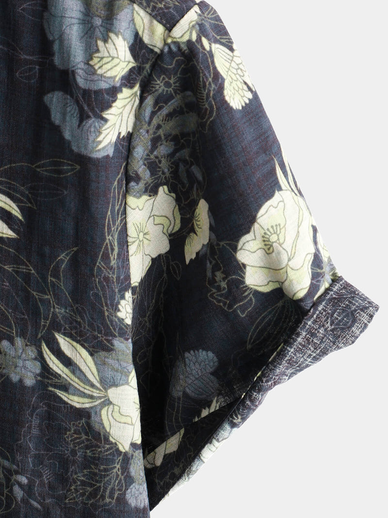 Men's Cotton Vintage Hawaiian Floral Cool Beach Short Sleeve Button Up Shirt