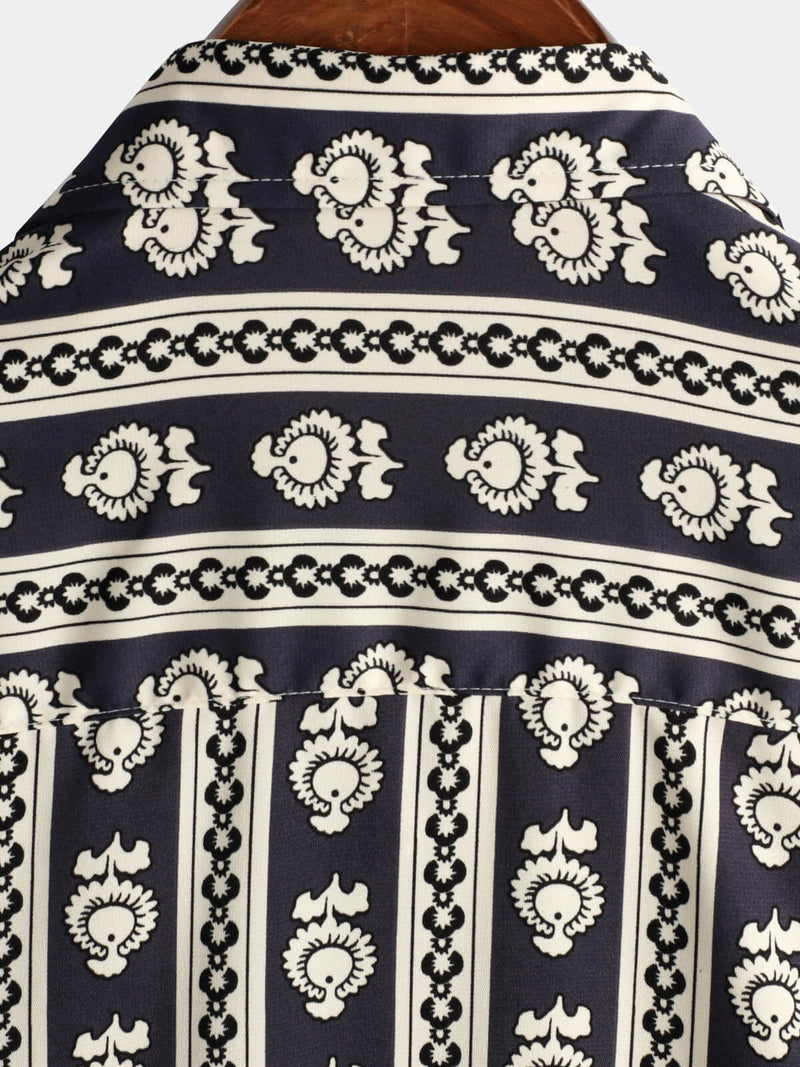 Men's Floral Navy Blue Striped Short Sleeve Vintage Retro Summer Button Up Shirt