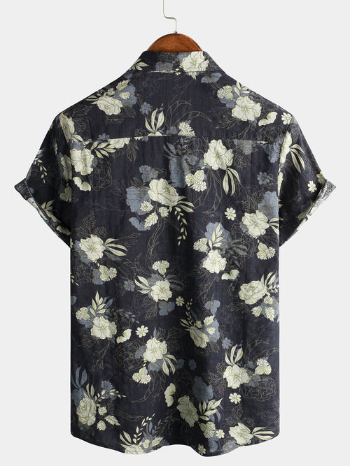 Men's Cotton Vintage Hawaiian Floral Cool Beach Short Sleeve Button Up Shirt