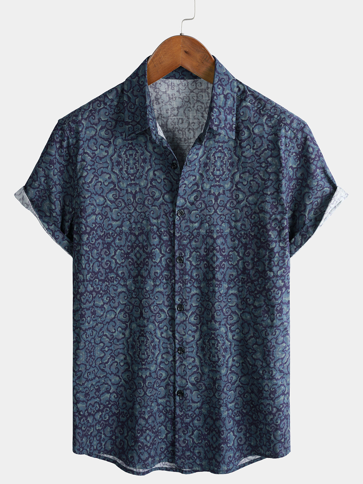 Men's Blue Retro Pattern Casual Short Sleeve Shirt