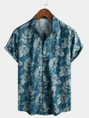 Men's Cotton Vintage Blue Leaf Print Beach Hawaiian Short Sleeve Button Up Shirt