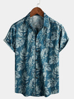 Men's Cotton Vintage Blue Leaf Print Beach Hawaiian Short Sleeve Button Up Shirt