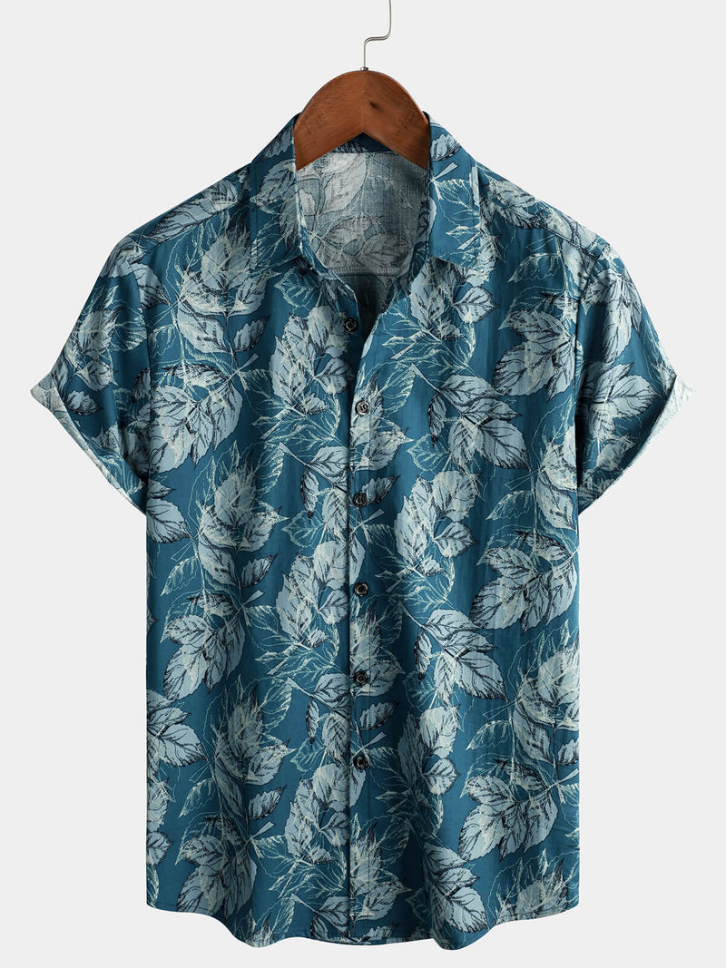 Men's Cotton Vintage Blue Leaf Print Beach Hawaiian Short Sleeve Button Up Shirt