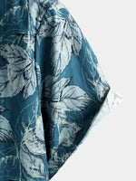 Men's Cotton Vintage Blue Leaf Print Beach Hawaiian Short Sleeve Button Up Shirt