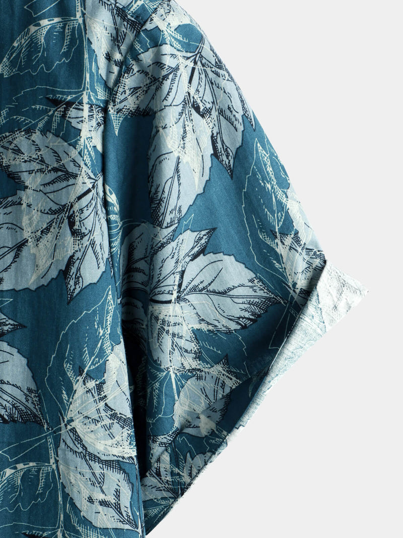 Men's Cotton Vintage Blue Leaf Print Beach Hawaiian Short Sleeve Button Up Shirt
