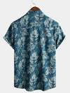 Men's Cotton Vintage Blue Leaf Print Beach Hawaiian Short Sleeve Button Up Shirt