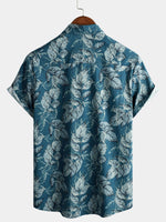 Men's Cotton Vintage Blue Leaf Print Beach Hawaiian Short Sleeve Button Up Shirt