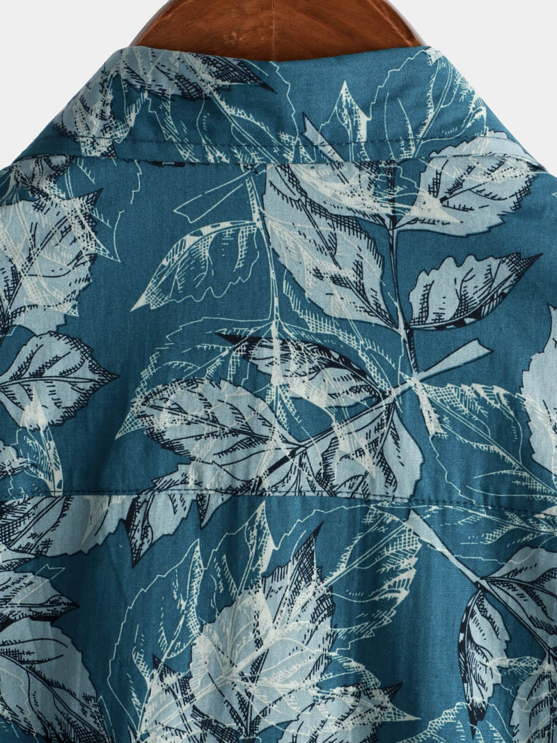 Men's Cotton Vintage Blue Leaf Print Beach Hawaiian Short Sleeve Button Up Shirt