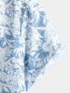 Men's Blue Cotton Vintage Floral Leaf Print Beach Hawaiian Short Sleeve Button Up Shirt