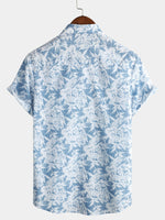 Men's Blue Cotton Vintage Floral Leaf Print Beach Hawaiian Short Sleeve Button Up Shirt