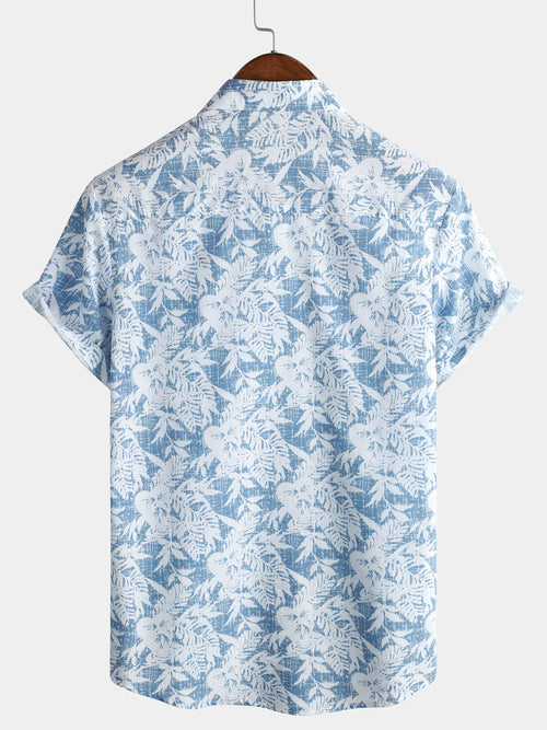 Men's Blue Cotton Vintage Floral Leaf Print Beach Hawaiian Short Sleeve Button Up Shirt