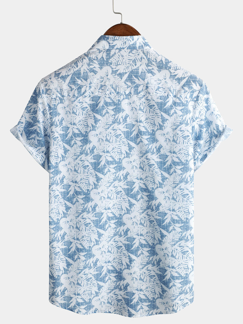 Men's Blue Cotton Vintage Floral Leaf Print Beach Hawaiian Short Sleeve Button Up Shirt