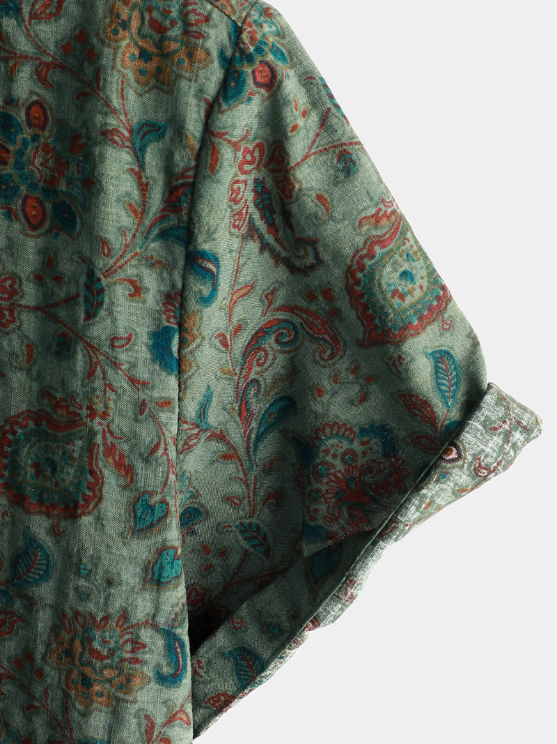 Men's Retro Paisley 70s Green Holiday Button Up Vintage Short Sleeve Shirt