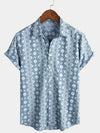 Men's Blue Cotton Retro Button Up Striped Vintage Summer Short Sleeve Shirt